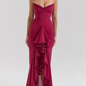 House of CB Gabbi wine ruffled front gown